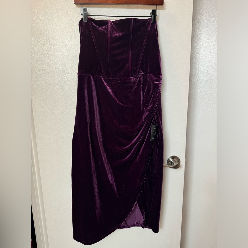 NWT - LULUS Dark Purple Velvet Strapless Tulip Midi Dress Size XL